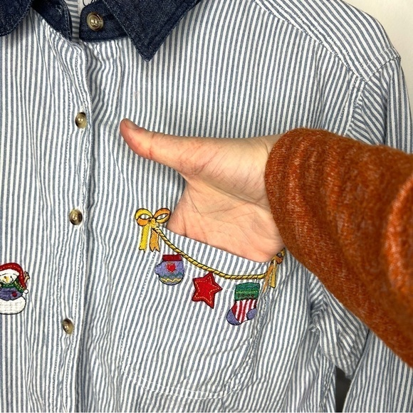 Cabin Creek Seersucker Stripe Button Down Long Sleeve Christmas Shirt Medium P - Picture 5 of 10